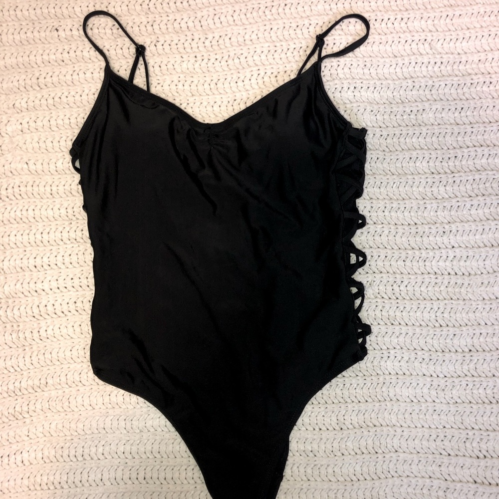 Aeropostale Live Love Dream Black One Piece Strappy Swimsuit